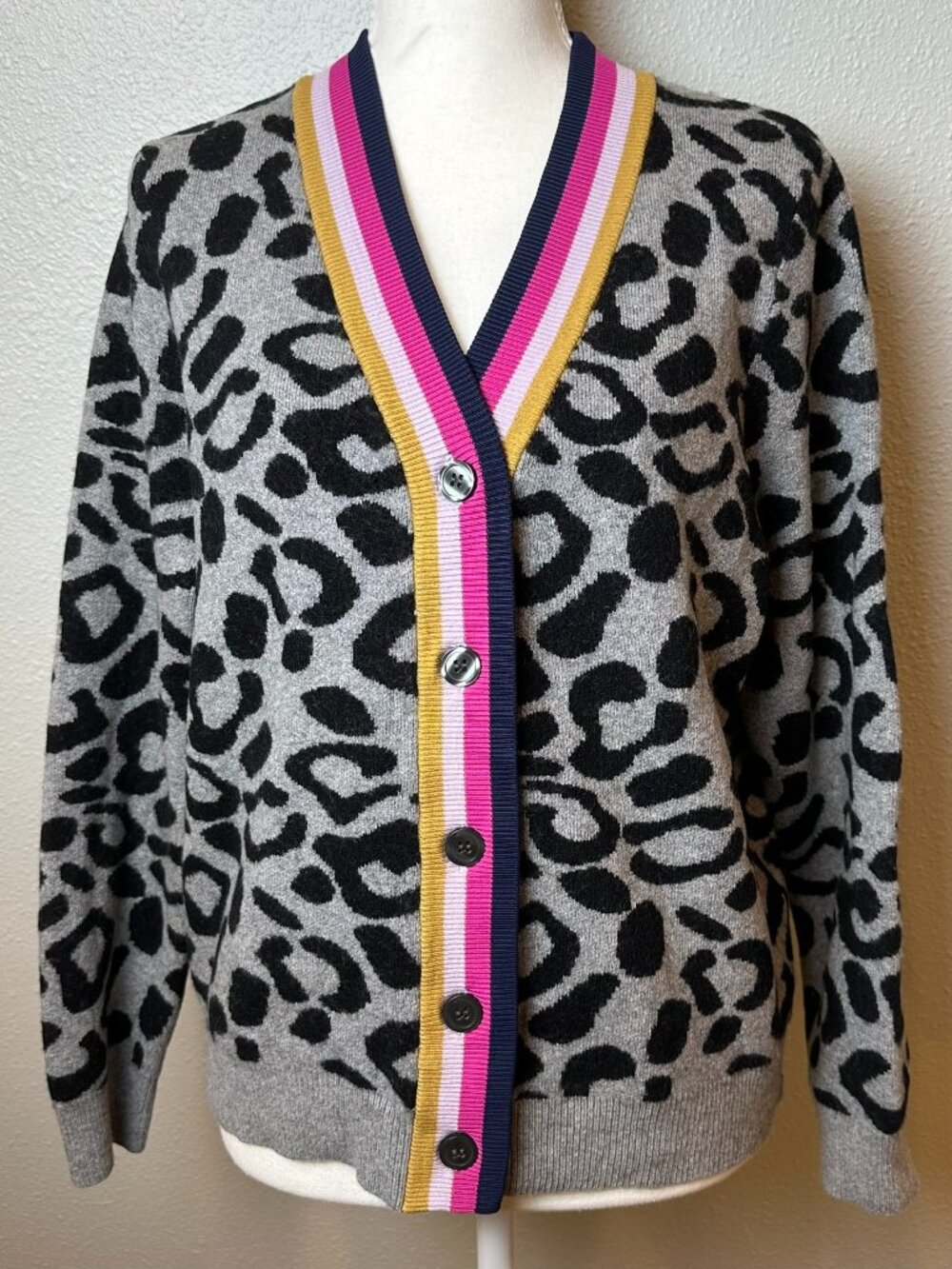 KULE The Cat Leopard Cardigan M Grey Intarsia Knit Striped Contrast Trim Preppy